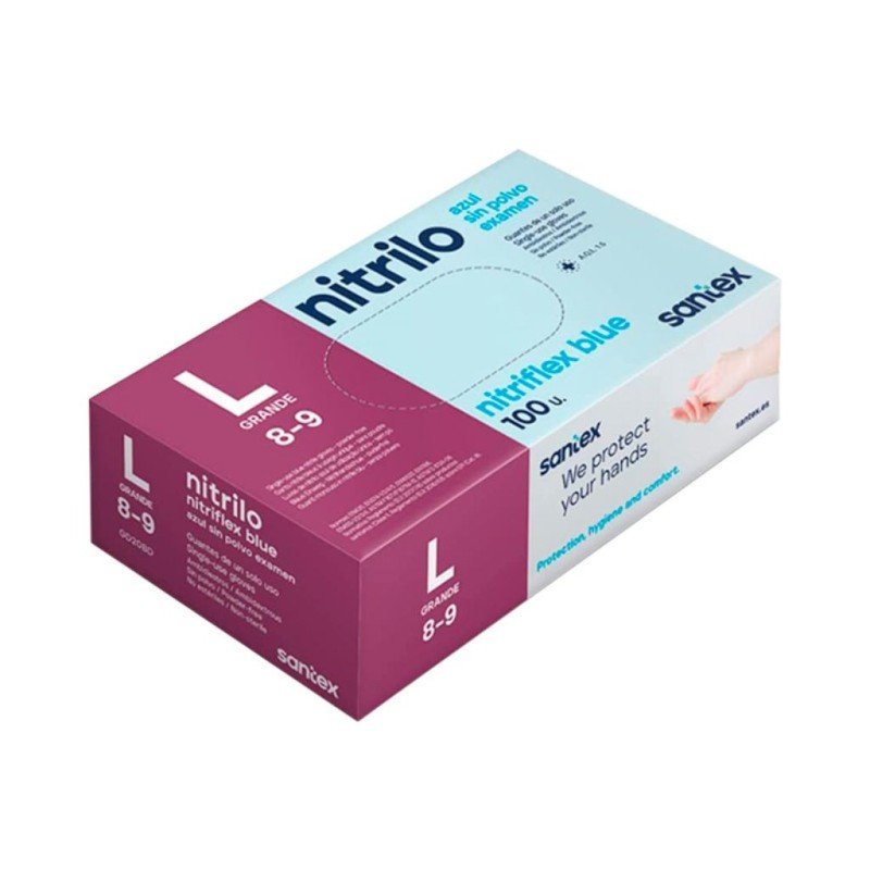 GUANTES DE NITRILO AZUL SANTEX NUTRIFLEX SIN POLVO - TALLA L - 100 UN