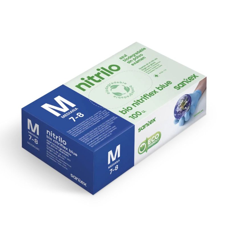 GUANTES DE NITRILO SANTEX SIN POLVO NITRIFLEX BIO AZUL - TALLA M - 100 UN